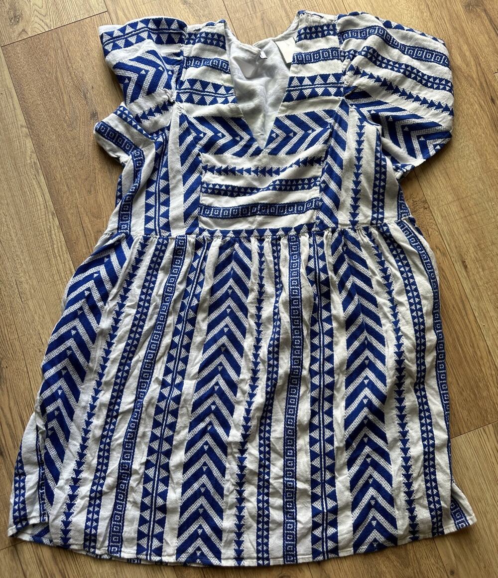 Old Navy V Neck Mini Swing Dress White Blue Aztec Print Size L Pockets